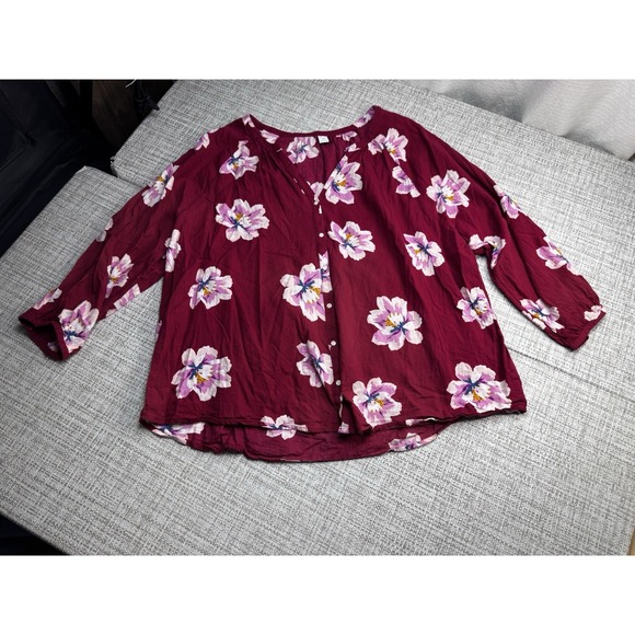 Old Navy Button Front Peasant Blouse Size XXL Vibrant Red Pink Floral Boho - Picture 5 of 12